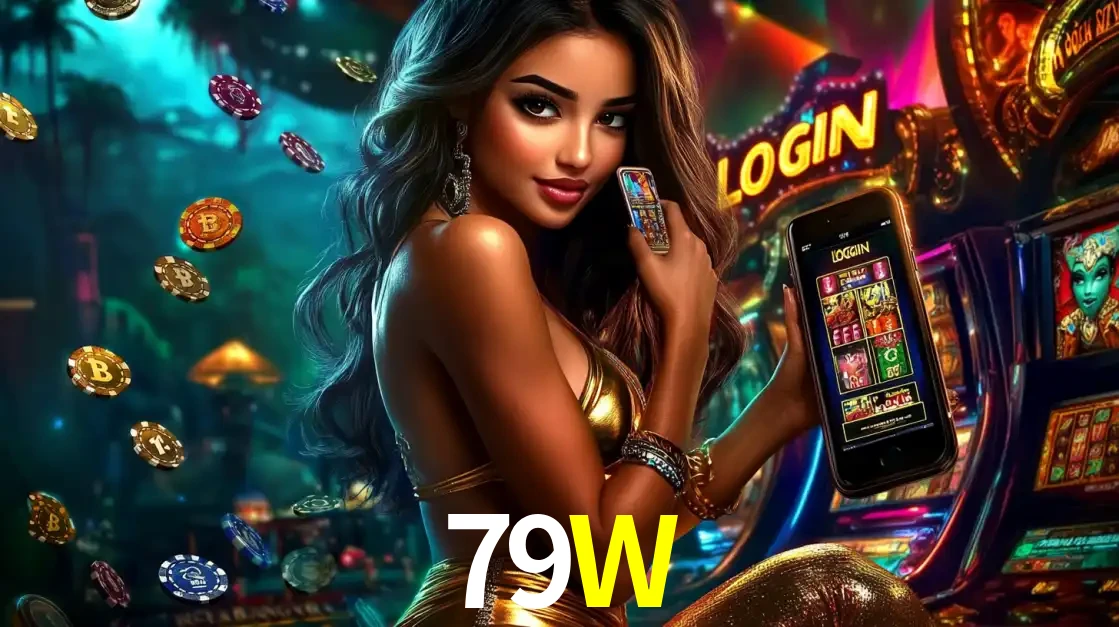 Mulher em um cenário de cassino temático de aventura, mostrando o app de caça-níqueis da 79W no celular. Fichas de apostas flutuam ao redor.