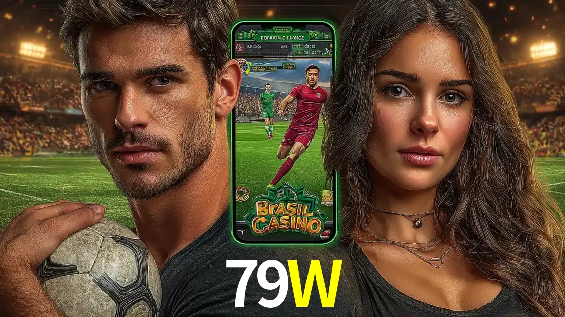 Homem segurando uma bola de futebol e uma mulher ao lado de um smartphone exibindo o jogo de apostas esportivas da 79W. Faça seu palpite no cassino online.